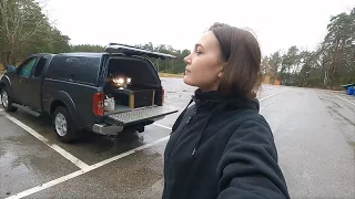 Solo Truck Camping in an empty parking lot. Cooking Swedish Food. Rain and Storm.