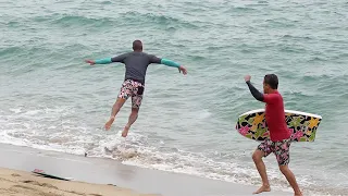 Kalani Robb and Eric Koston try skimboarding