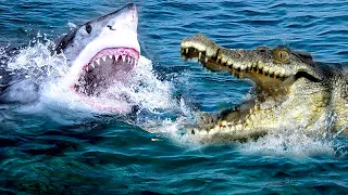 Битва большого гребнистого крокодила с белой акулой, кто победит?