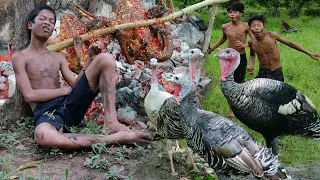 Primitive Technology - See turkey chicken and cooking - Eating delicious