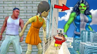 GTA 5 HIDE AND SEEK | Shinchan franklin & pinchan chop | SHEHULK and HULK ARMY SEEKER