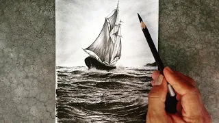 Pencil drawing of a ship sailing against the waves of the ocean.