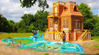 Build The Most Creative 3 Story Classic Mud Villa And Swimming Pool, Fish Pond Design In Forest