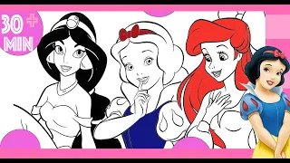 long disney princesses compilation coloring page 30 Min  ARIEL SLEEPING BEAUTY ANNA MOANA SNOW WHITE