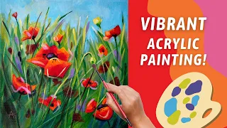 BRIGHT Whimsical Acrylic Poppy Painting! Creating a PLAYFUL Painting! By: Annie Troe