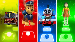 Bus Eater Vs PAW Patrol Chase Vs Thomas The Train exe Vs Squid Game - Tiles Hop EDM Rush!