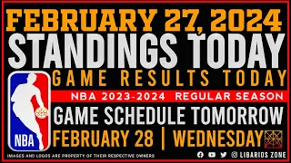NBA STANDINGS TODAY as of FEBRUARY 27, 2024 |  GAME RESULTS TODAY | GAMES TOMORROW | FEB. 28 | WED