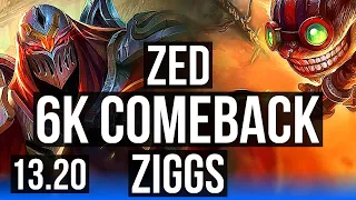 ZED vs ZIGGS (MID) | Comeback, 1900+ games, 6 solo kills, 1.6M mastery | EUW Grandmaster | 13.20