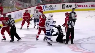 Rookie Moritz Seider steals the puck from Victor Hedman well after the whistle; scrum ensues.