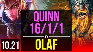 QUINN vs OLAF (TOP) | 16/1/1, 9 solo kills, Legendary, Rank 6 Quinn | BR Challenger | v10.21