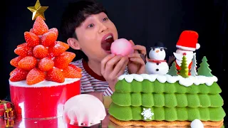 ASMR 미리크리스마스 케이크🎅🏻딸기폭탄케이크 숲속마을케이크 눈사람 케이크 먹방! Christmas Cakes Strawberry Cake Forest Cake MuKBang!