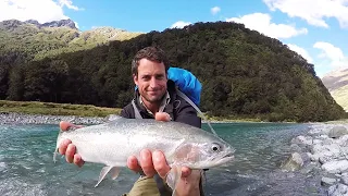 Catches big Rainbow Trout in a beautiful little River in New Zealand!!!