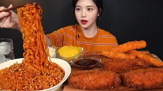 SUB)치즈가득 두툼한 치즈롤까스에 불닭볶음면 먹방! 새우튀김까지 리얼사운드 Cheese Roll Cutlet, Buldak&Deep-fried Shrimp Mukbang ASMR