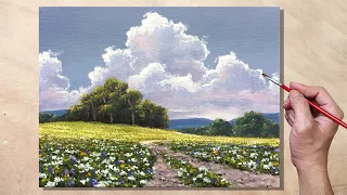 Acrylic Painting Sunlit Meadow Landscape