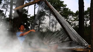 Solo camping heavy rain with plastic wrap, Clay Fireplace, Catch and Cook EP.1