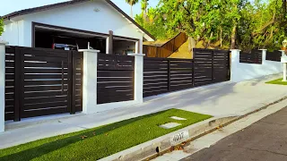 Sliding Gate, Fence Panels & Pedestrian Door installation on hilly terrain in Encino, CA area.