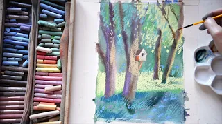 Смешанная техника акварель+пастель сухая, сюжет "В летнем лесу".