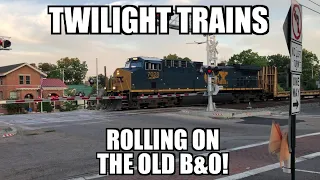 3 trains just before twilight on the old B&O!