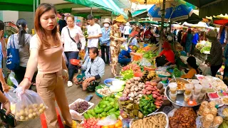 Cambodian Street Food | Walking Tour in Phnom Penh Traditional Market Plenty of Fresh Foods