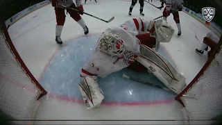 Ezhov saves it lying on the ice stickless