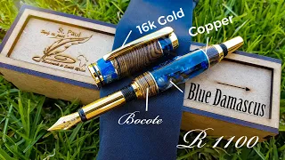 Pen Making: Jr. Gentleman Fountain: Bocote Wood, Blue Damascus Inlace Acrylester, Copper.