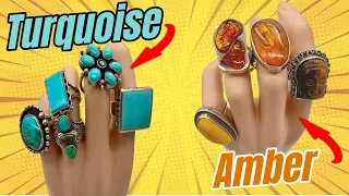 WOW ! Amazing SILVER Finds! Turquoise & Amber Jewelry & RINGS !