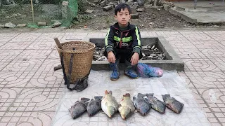 Fishing with a homemade fishing rod and bait from earthworms an orphan boy catches lake fish to sell
