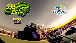 Steel Eel Roller Coaster at Sunset On Ride 4K POV SeaWorld San Antonio 2021 12 12