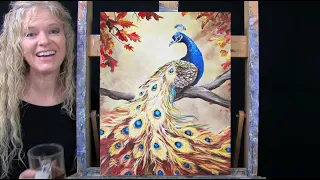 Learn How to Draw and Paint with Acrylics "PEACOCK in AUTUMN" Beginner Lesson-Paint and Sip at Home