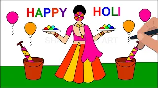 Happy Holi Drawing - Holi Drawing Easy Steps - Holi Festival Drawing - Holi Scenery Drawing