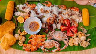 HOMEMADE! Boodle Fight Mukbang (Seafoods + Lechon Kawali + Chicharon) Pam Gi