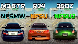 NFS Heat: BMW M3 GTR (NFSMW) vs Nissan Skyline GTR R34 (NFSU) vs Nissan 350Z (NFSU2) - Drag Race