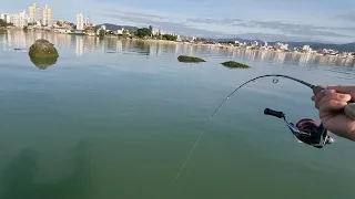 Pesca de Robalo nas Pedras do mar com Ultra Light - Pescaria caiaque com camarão artificial jighead