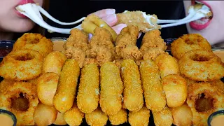 ASMR FRIED FOOD FEAST! GIANT CHEESE STICKS, CRUNCHY ONION RINGS, CORN DOGS, FRIED CHICKEN, FRIES