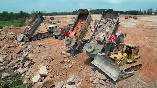 Most Impressing Construction Heavy Duty Job Bulldozer & Dump Truck Moving Big Rock Level The Ground