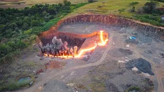 Imagem de explosão de pedreira feita com drone