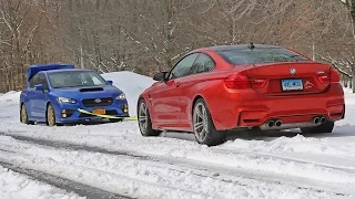 WRX STI vs BMW M4 snow tow (summer tires AWD vs winter tires RWD)