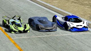 Devel Sixteen vs SRT Tomahawk X VGT vs Lamborghini V12 Concept GT - Drag Race 20 KM