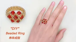 DIY Beaded Vintage Ring with Red Bicone Crystal Beads and Gold Seed Beads复古风串珠戒指