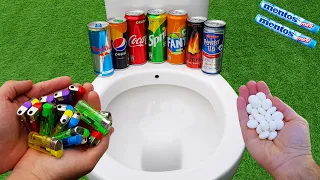 Experiment !! LIGHTERS vs Coca Cola, Sprite, Fanta, Red bull, Pepsi, Burn and Mentos in toilet