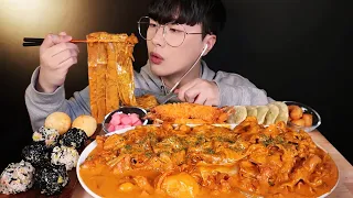 SUB)꾸덕꾸덕한 두찜 로제찜닭 먹방 🧡 (ft. 왕새우튀김 로제떡볶이 로제닭발) | Spicy Rosé Jjimdak Chicken Mukbang :)