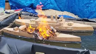 Cardboard Ship Burning And Sinking Cruiser: Maryland Versus Battleship Canopus