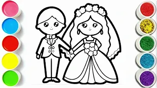 Cute Bride & Groom Drawing, Painting Colouring For Kids Toddlers | How to Draw Bride & Groom Easy.