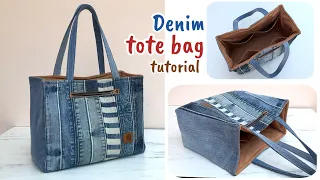 how to make denim tote bag with 4 pockets and 2 zip pockets from old jeans ,diy tote bag tutorial