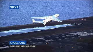 World's biggest airplane - Antonov An-225 - takes off from Oakland