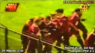 Cup Winners Cup 1996-1997, Round of 16 (1st leg): Brann - PSV Eindhoven 2-1 (Mjelde 1st goal)