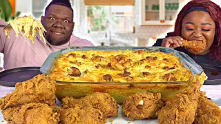 EXTRA CHEESY CHICKEN & SHRIMP ALFREDO W/ HOMEMADE FRIED CHICKEN!!! | MUKBANG EATING SHOW