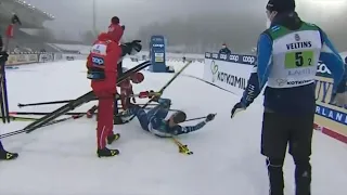 Skier tackles opponent after finish line, a breakdown