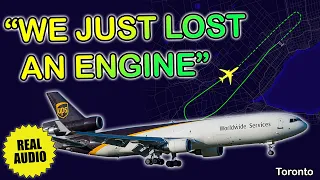 “We just lost an engine”. UPS MD-11F declared an emergency due to engine failure. Toronto, Real ATC