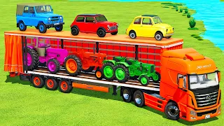 TRANSPORT PORSCHE & URSUS TRACTORS & JEEP 4x4 & MINI COOPER CARS vs RAMPS & HYUNDAI TRUCK - FS22